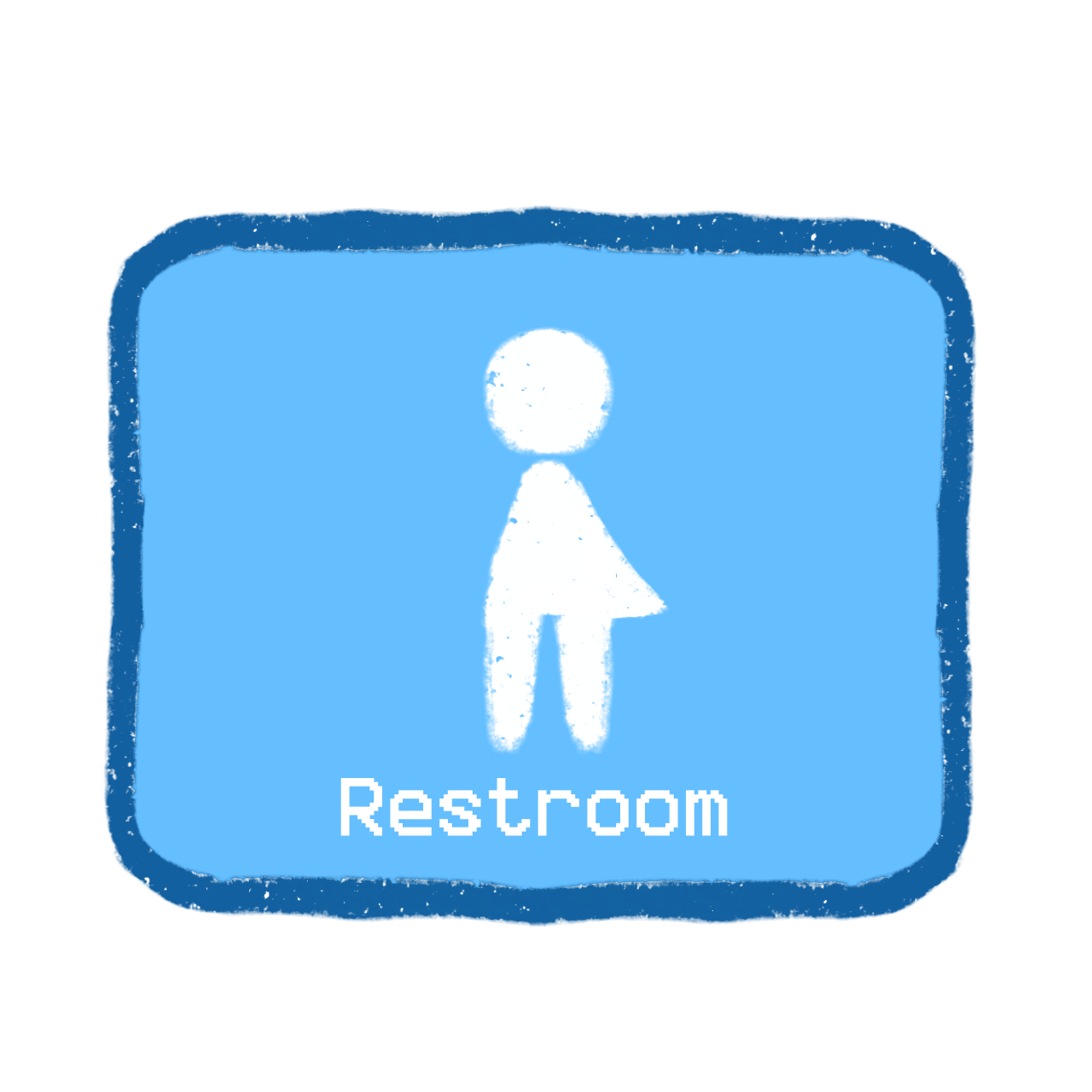 a sign for a gender-neutral restroom. It has a blue background with a white stick figure of a person with half a skirt on the right side and not on the left and the word 'Restroom' written below it